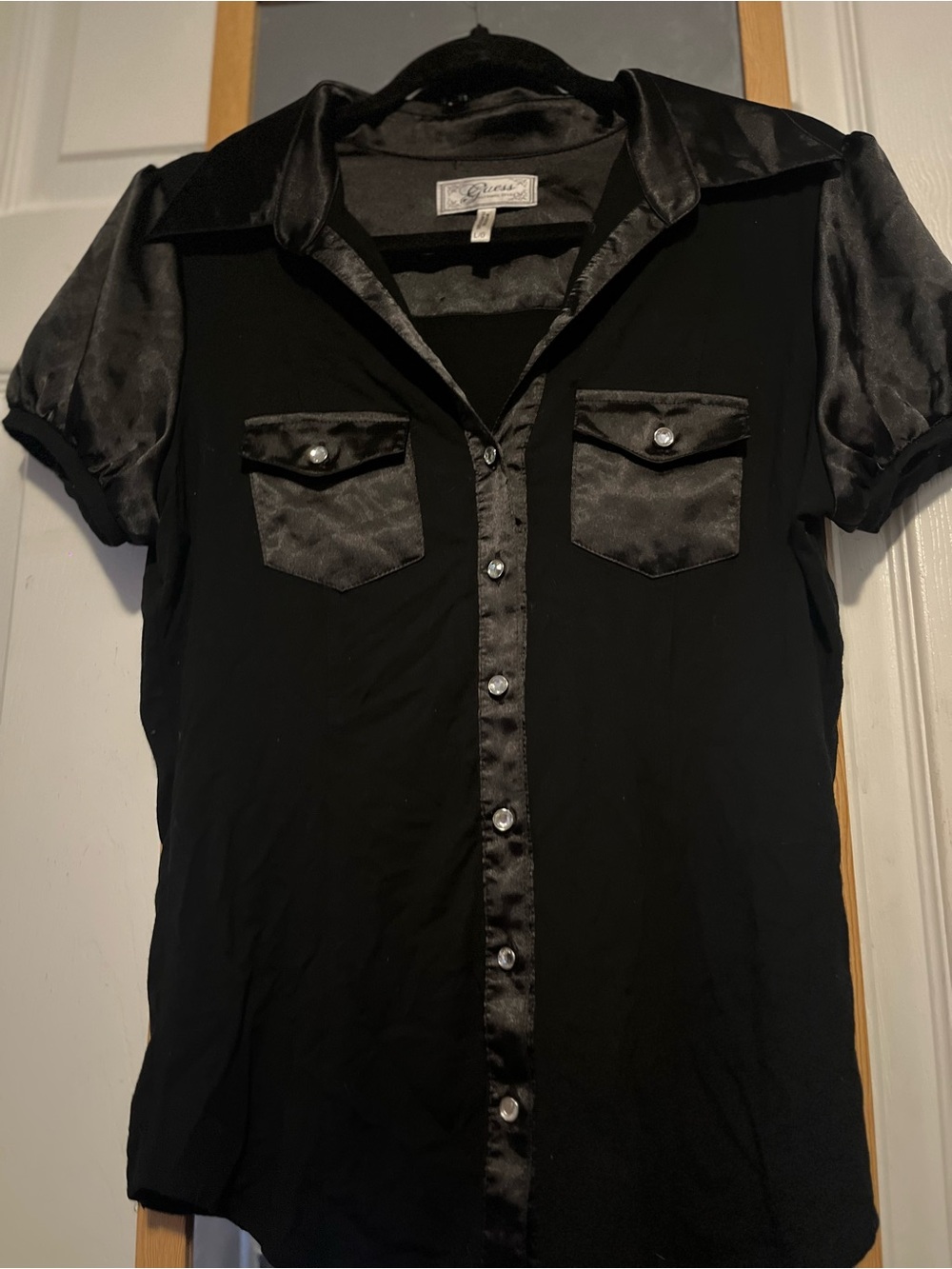 Size L Guess Black Satin-Trim Button Down Shirt, Y2K Going Out Blouse